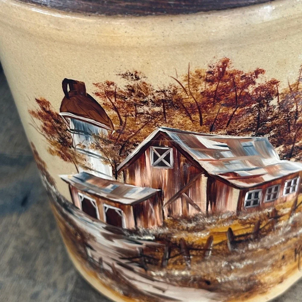 Vintage RRP Co Roseville Ohio Hand Painted Barn Stoneware Cookie Jar Crock Lid